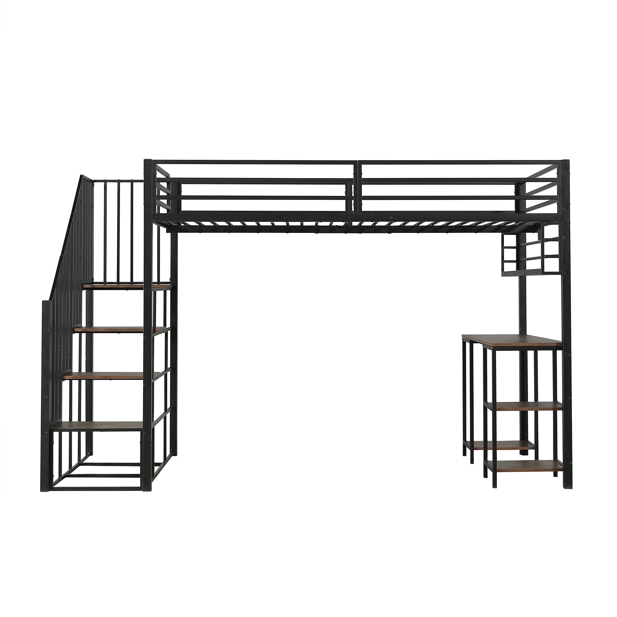 Letto in ferro 120 x 200 cm, letto a soppalco, scale con corrimano, con scrivania e scaffalatura, rete a doghe stabili, ferro + truciolato, nero+scuro