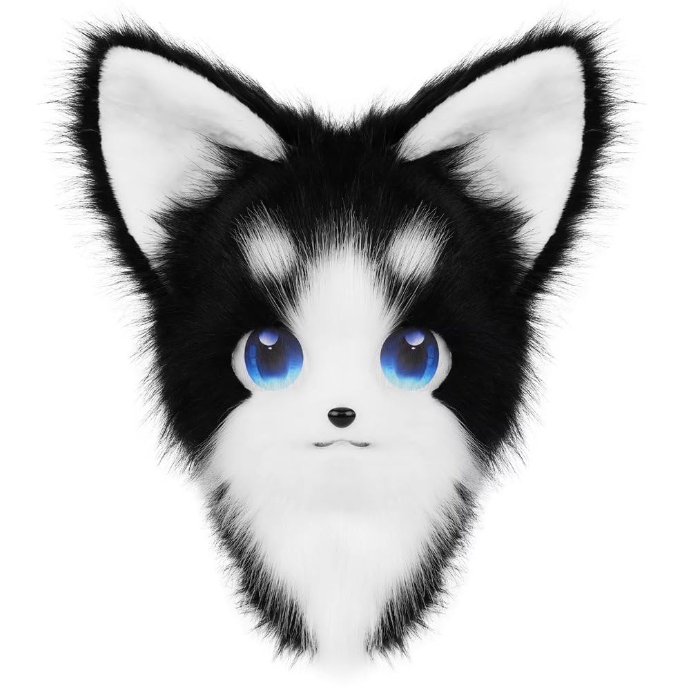 Uzztfa Black Furry Fursuit Head Mask Plush Cat Animal Mask Costume Props For Masquerade Halloween Cosplay Party