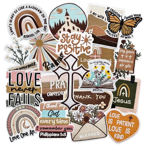 Crocode Tears Christian Iron On Patches for Hats 19Pcs Vintage Brown Jesus Cross Fall Embroidered Patches for Clothes Backpack Clothing Jeans DIY Repair