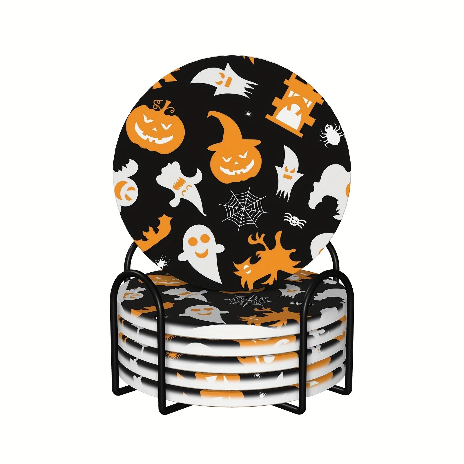 Vibiliyou 009 Orange Coaster For Drinks Set Of 6,Fall Halloween Pumpkin Bat Cartoon,With Cork Base And Metal Holder,Set Of 6,Absorbent Round Ceramic Stone Mat,Gift For Housewarming Decor