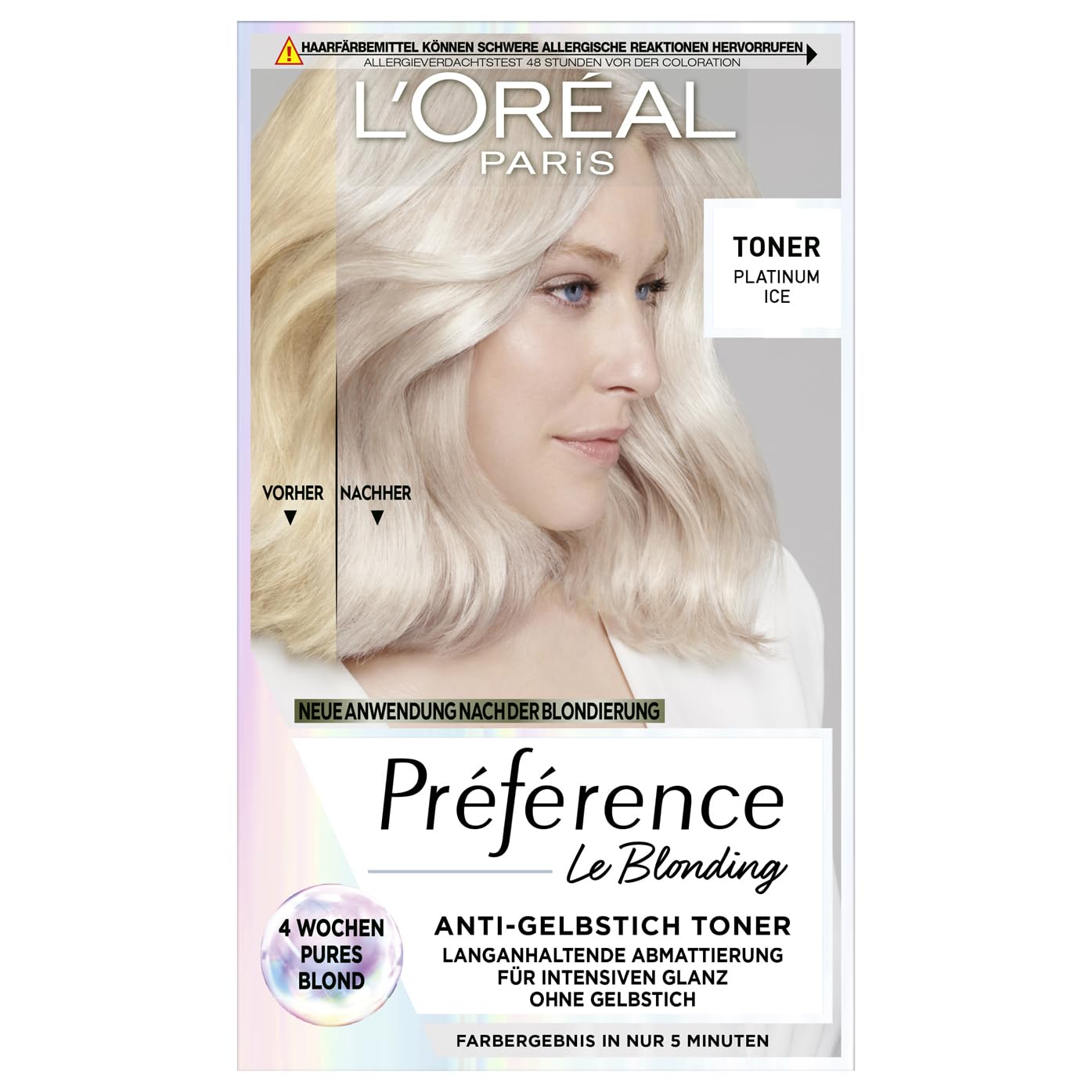 L'Oréal Paris Haartoner, Anti-Gelbstich für kühles Blond und intensiven Glanz, Ohne Ammoniak, Préférence Le Blonding, Platinum Ice
