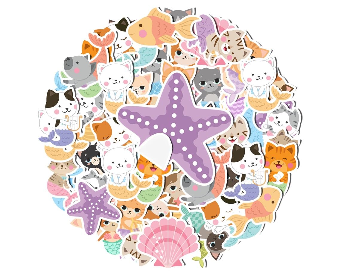 20-Piece Mermaid Cat Stickers Set - Whimsical Vinyl Decals for Laptops, Water Bottles, Scrapbooks - Perfect for Fantasy & Animal Lovers