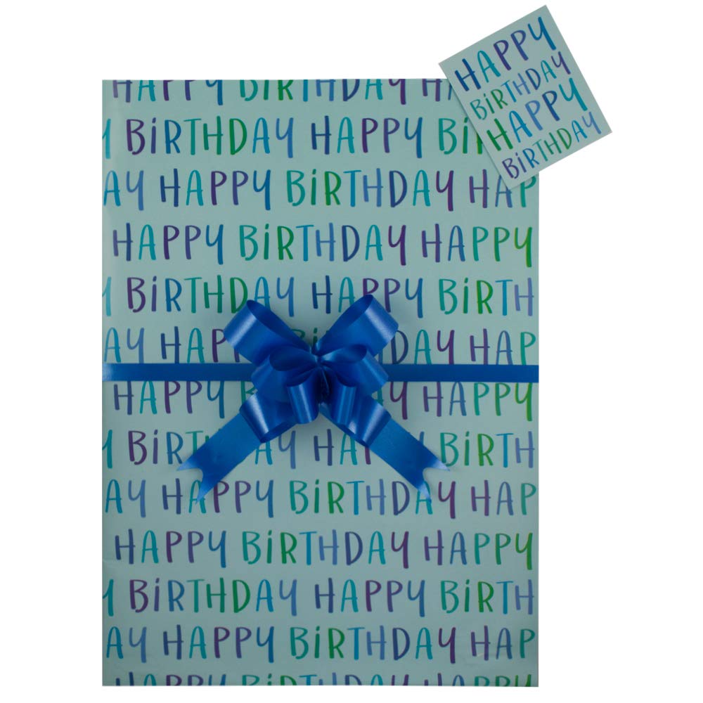 Happy Birthday Text Blue Gift Wrap Pack, 2 Sheets, 2 Tags and 2 Royal Blue Pull Bows.