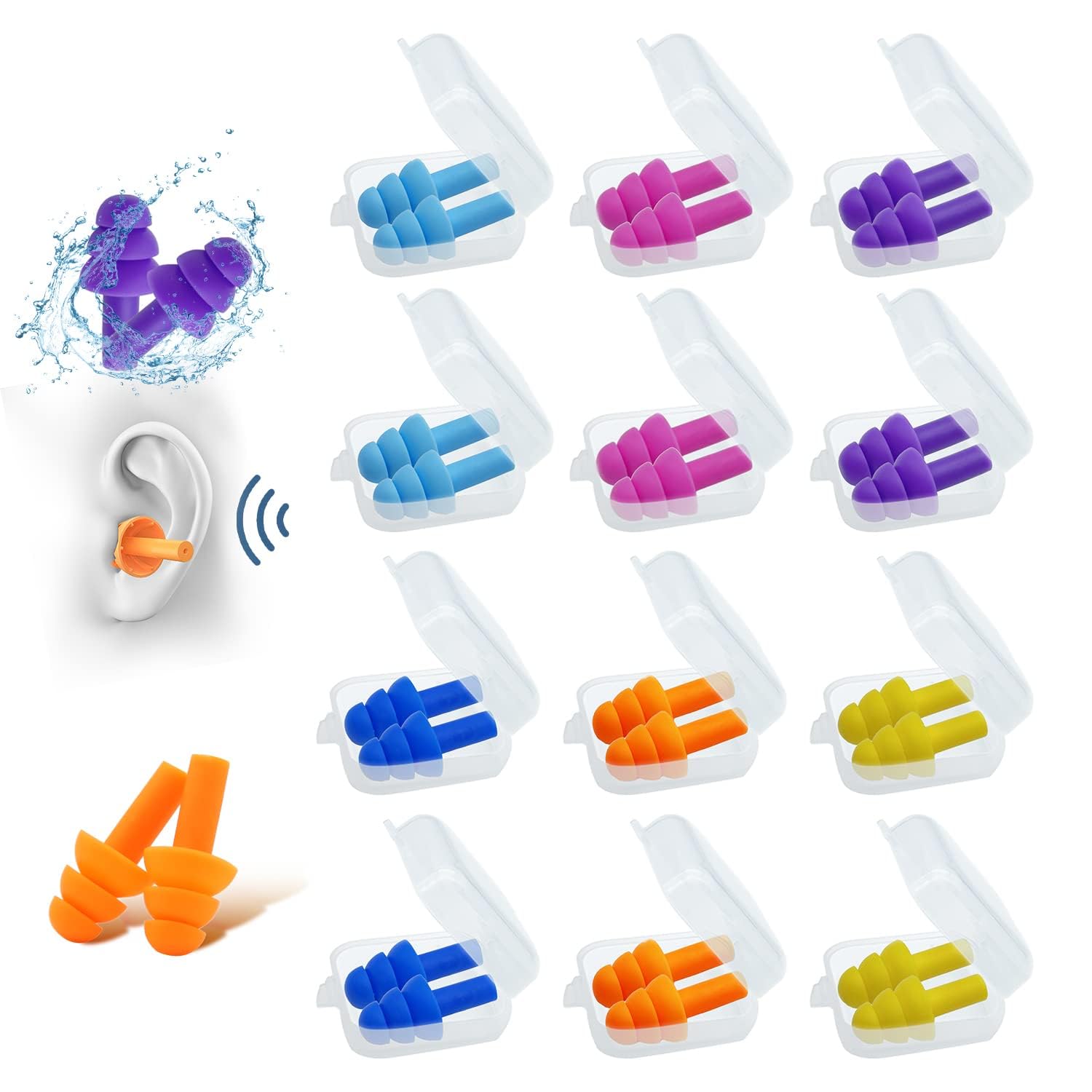MKSL Silicone Ear Plugs for Sleeping,12 Pairs Reusable Earplugs Noise Reduction Ear Plugs Soft Waterproof Earplugs Hearing Protection for Concert,Swimming,Study,Loud Noise,Snoring-image-42