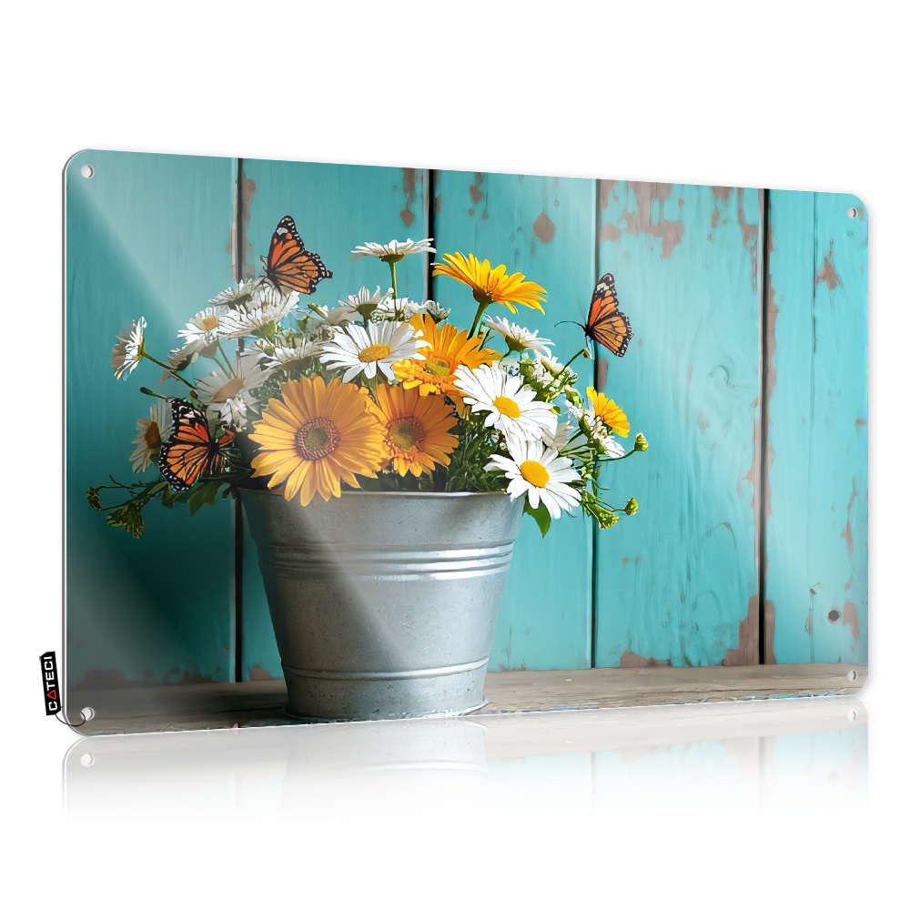 Decaor Limit Tin Metal Sign | Flowers In A Bucket With Butterflies. Scandinavian For Drive Living Room(30X40CM)