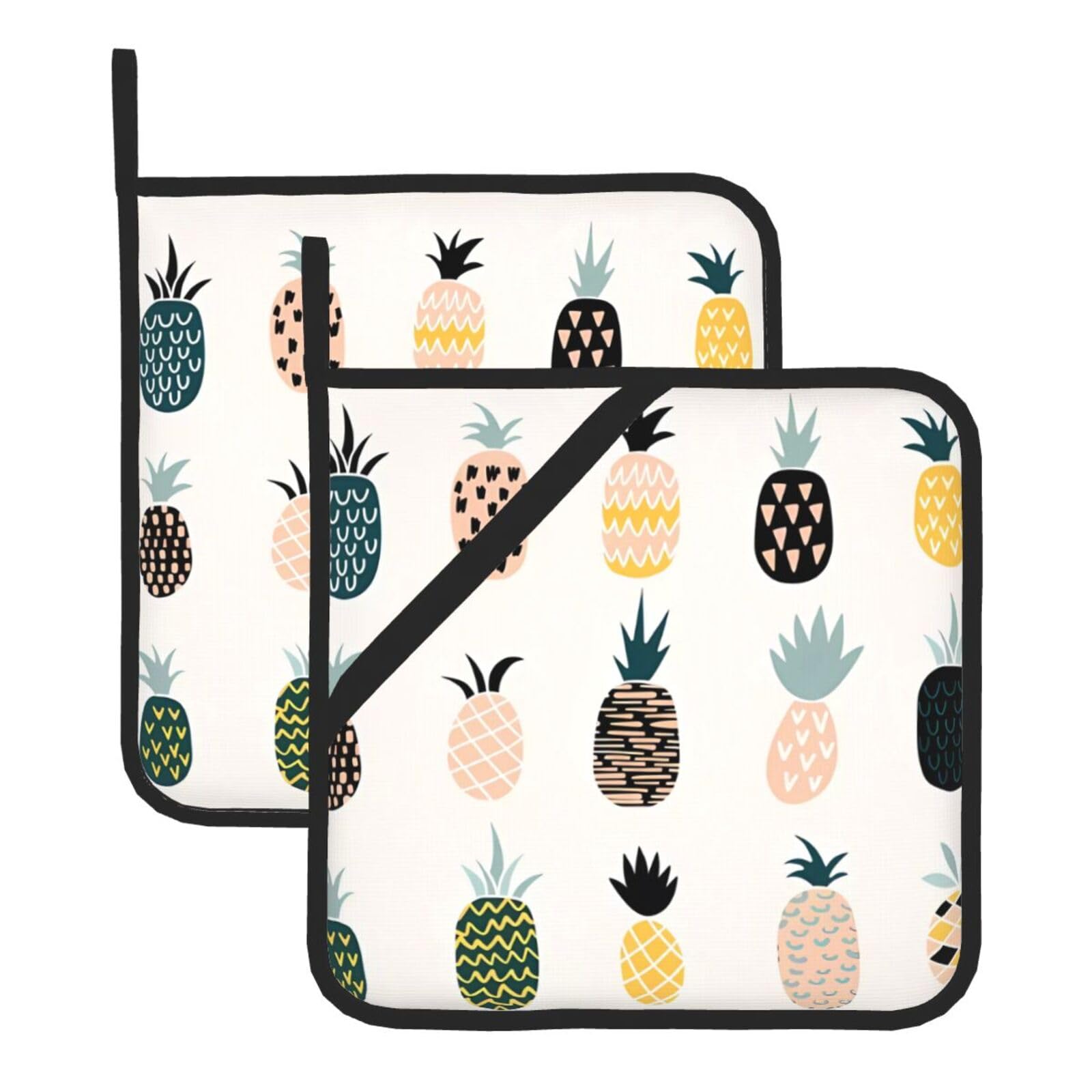 WHJSSF Pineapple Prints Square Hot Pads for Kitchen Counter - Waterproof Trivets with Hanging Loop, Thick Pot Covers for Serving, Oven & BBQ - Set of 2 (1 with Pocket)