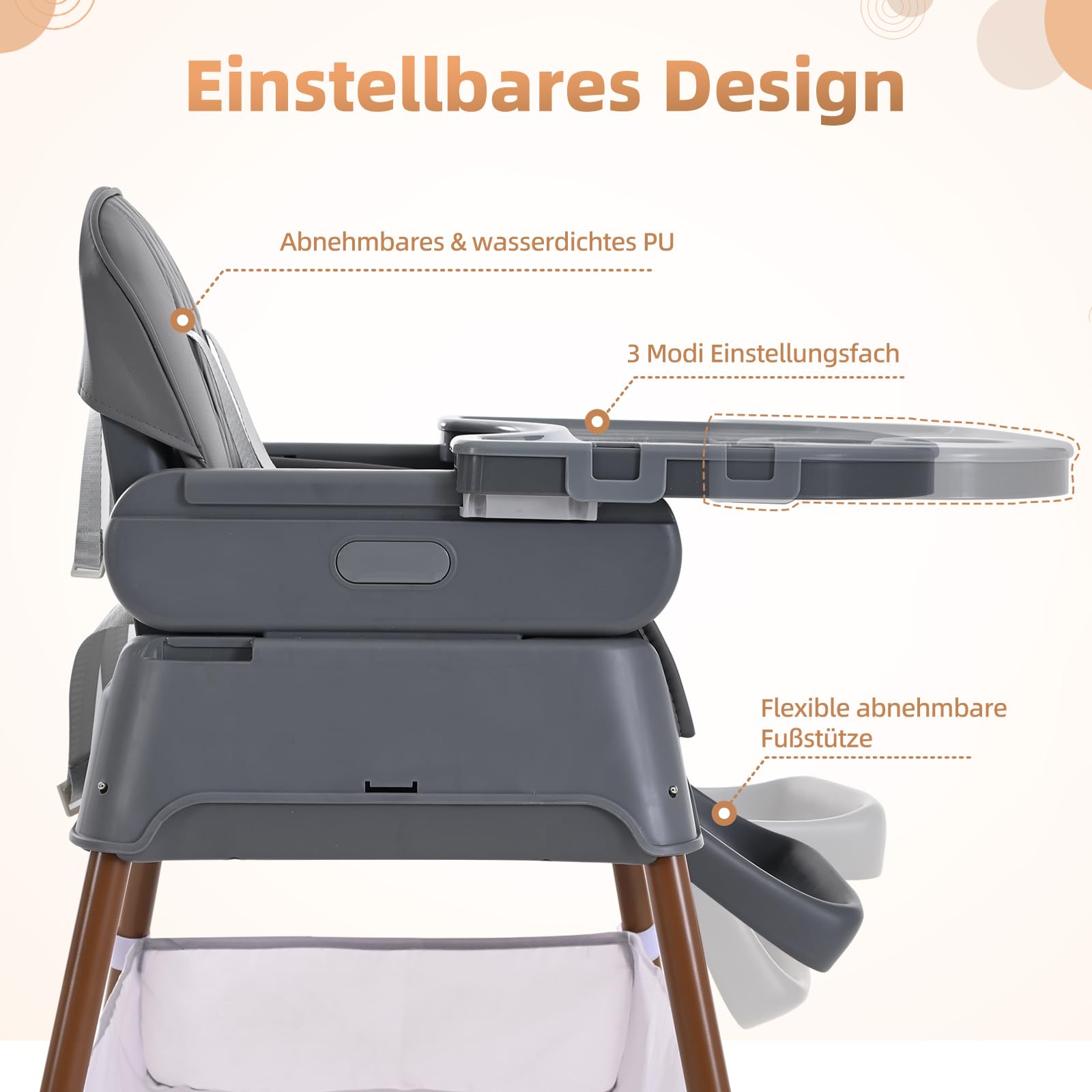 Hochstuhl Baby, Verstellbare Umwandelbare 3 in 1 Kinderhochstuhl, Tragbare Kompakte Baby Kleinkind Fütterung Stuhl Reise Hochstuhl Booster für Kleinkind, von 6 Monaten bis 3 Jahren (dunkelgrau)