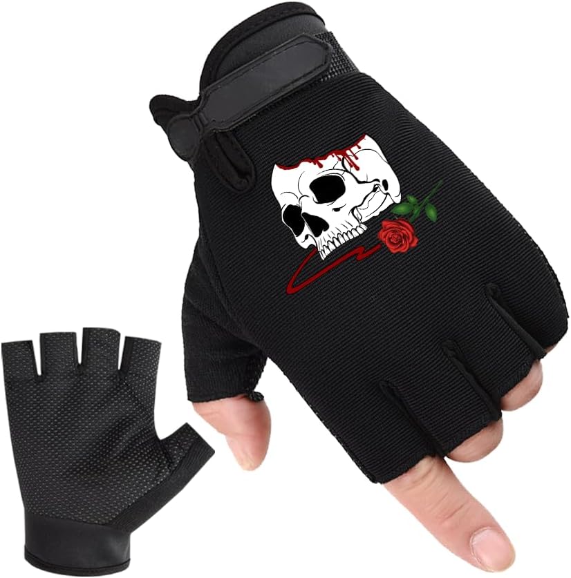 Workout Gloves for Men & Women, Fingerless Weight Lifting Gloves for Men Tactical Biking Gym Ideal for Airsoft, Fishing, Training, Pull Up Work Out (Rose and Skull)