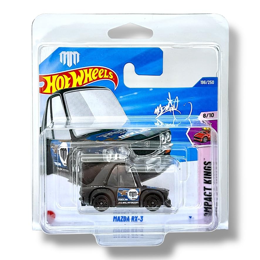 Hot Wheels Mazda RX-3 (Tooned) (Black, Blue & White) 8/10 Compact Kings - 2025-196/250 (Short Card) - includes a KLAS Car Keeper Protector Case - HYX24