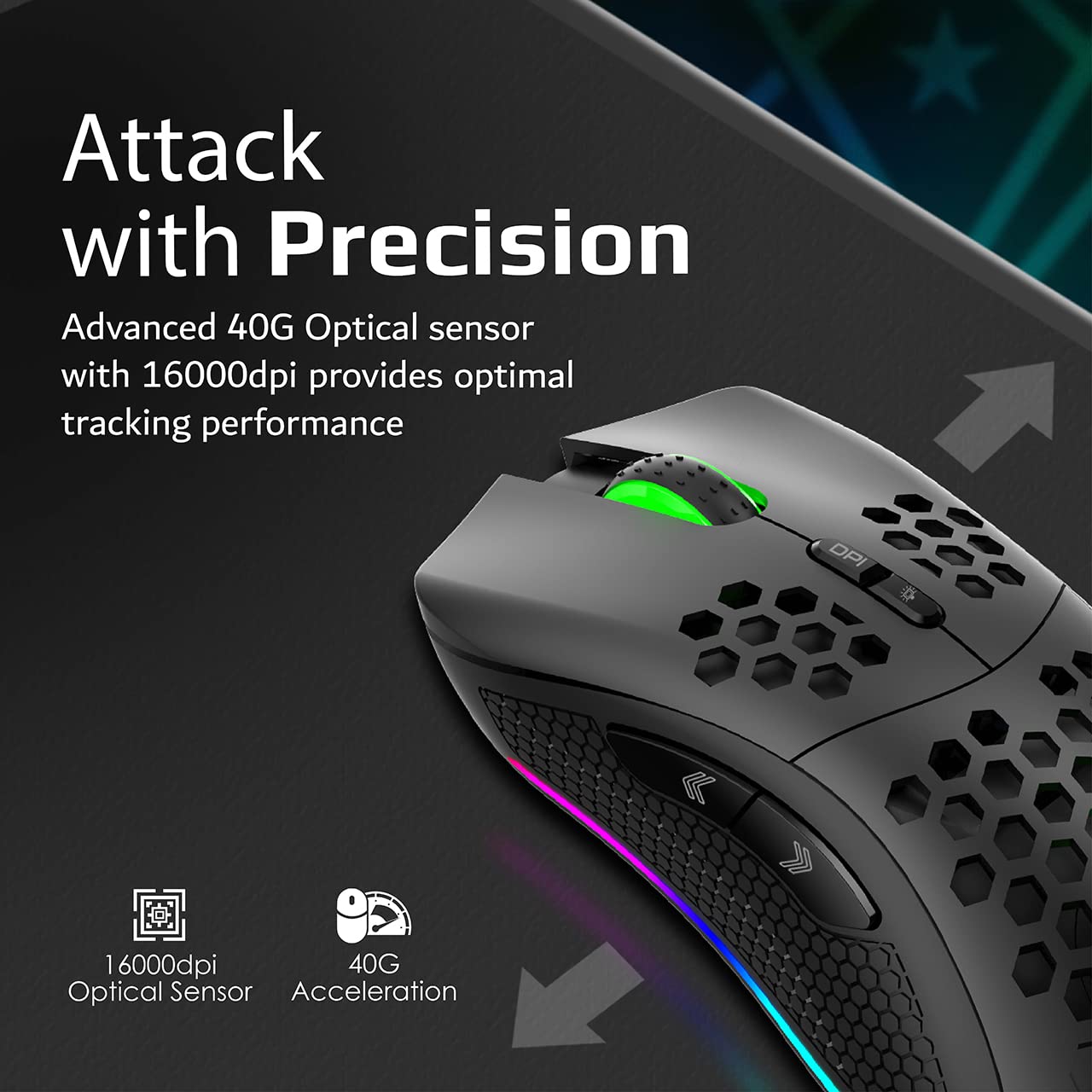 Vertux Ratón Gaming Inalámbrico, 7 Botones Programables, Sensor Óptico 16000 dpi, Recargable, Ajustable con LED RGB, 1000Hz, Ratón Gaming Dual, Diseño Honeycomb Ergonómico, PC/Mac/Portátil, Ammolite