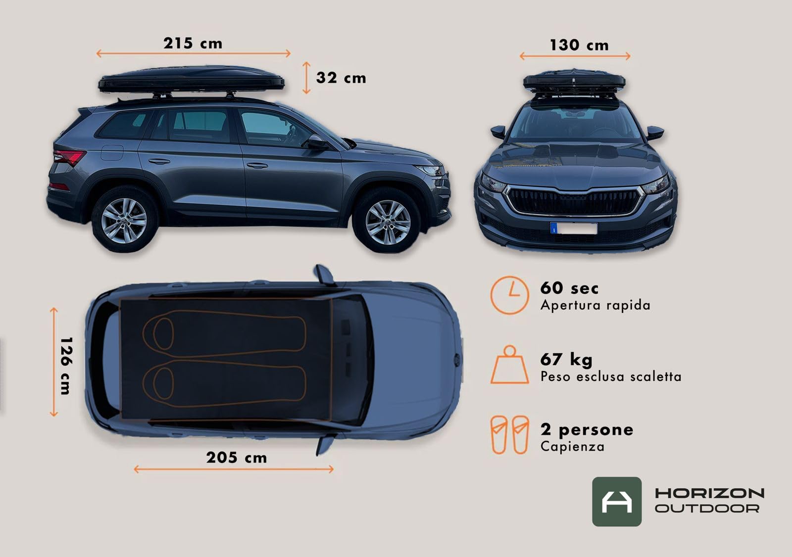 Horizon Outdoor Tienda de techo rígida de ABS ultraligera para coche SUV 4 x 4 – 2 personas, impermeable 3000 mm, colchón ergonómico, escalera retráctil, camping y Overlanding