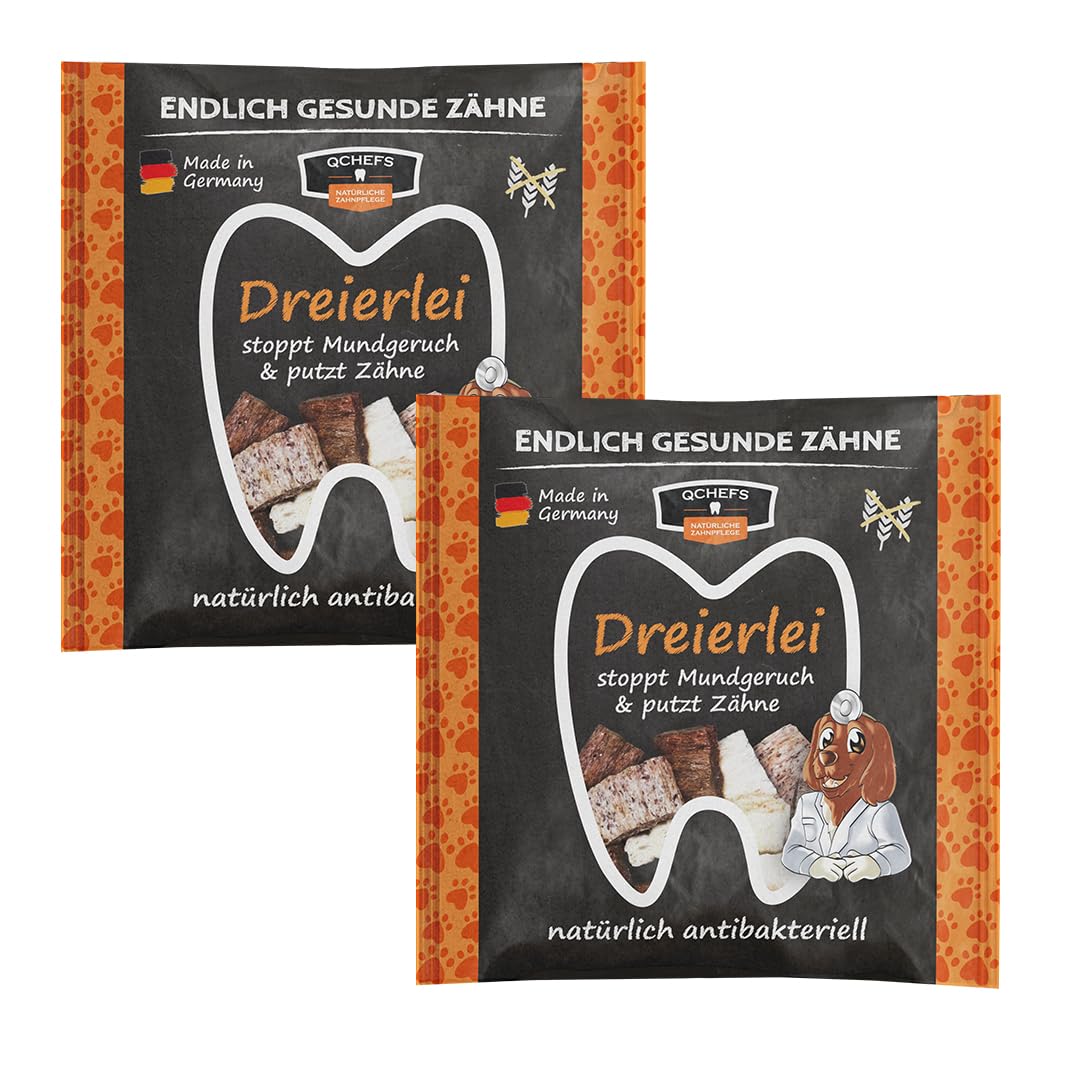 QCHEFS 2er Pack DREIERLEI Großpackung Hundeleckerli bei Mundgeruch, Zahnfleischentzündung als Zahnsteinentferner durch natürlich antibakterielle Zahnpflege ohne Dentalspray, Zahnbürste oder Zahnpasta