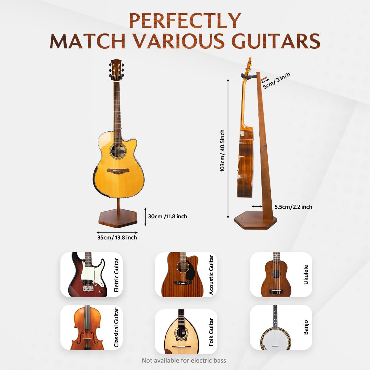 STRICH Support pour guitare acoustique et électrique, hauteur 103 cm (40.5" ), en bois de noyer, avec crochet de suspension, pour la maison ou le studio (FH1, présentoir pour guitare)