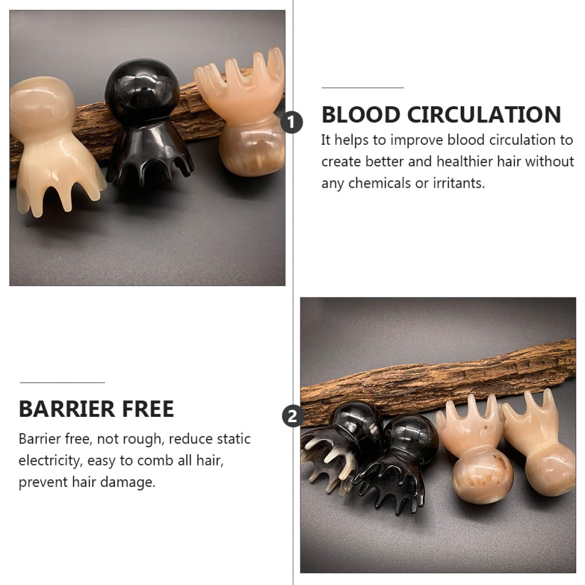 2pièces Peigne De Massage Corne De Yak Peigne Anti-statique Naturel Pour Soins Capillaires Noir Stimule Circulation Sanguine Et Soulage Les Tensions Cérébrales