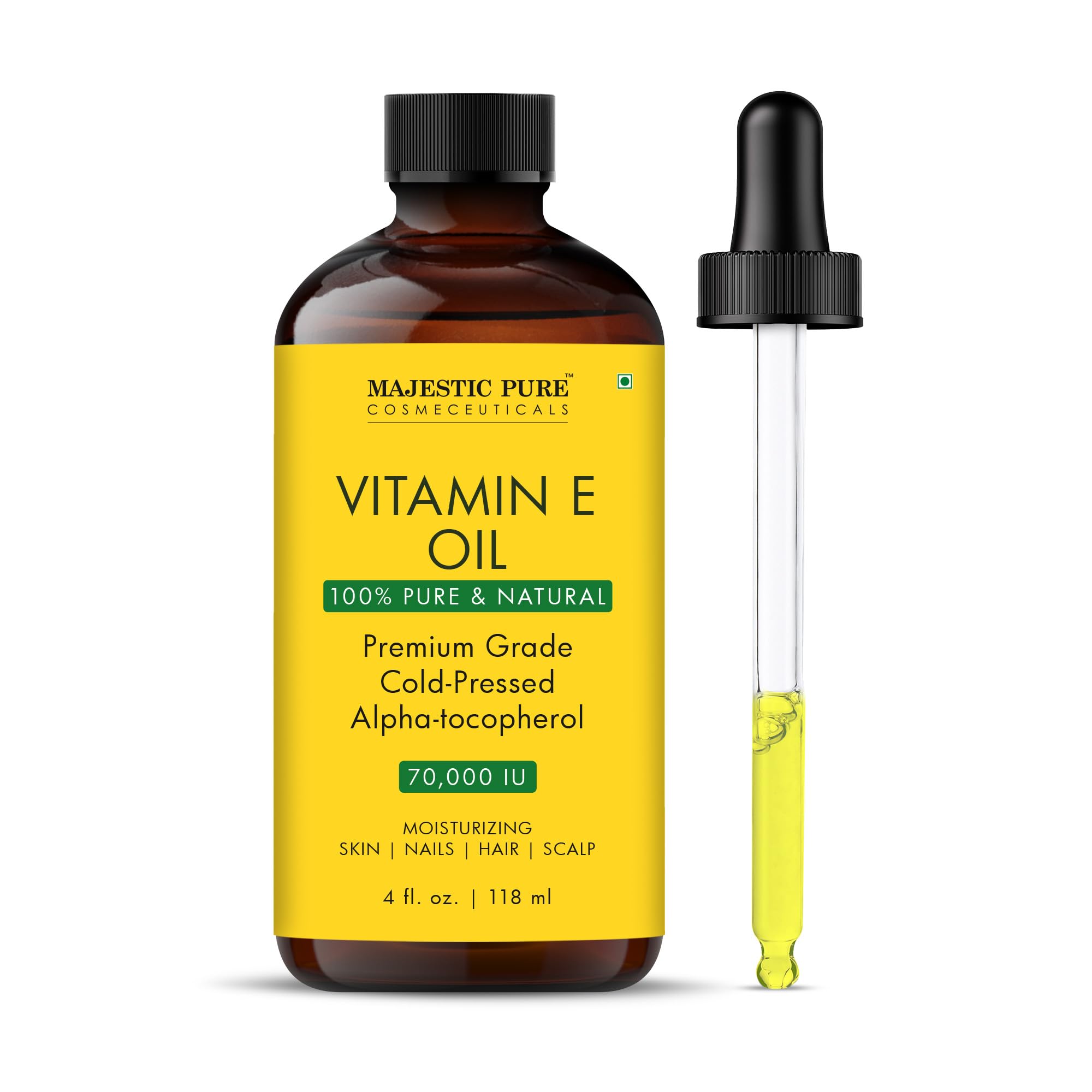 Vitamin E Oil 4 Oz Vitamin E oil for Skin, Face Oil, Hair Oil and Body Oil- 100% Pure and Natural, 70,000 IU- Cold Pressed Hexane Free Non-GMO Gluten Free Formula