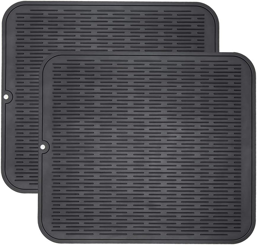 ZLR 2 Pcs Large Silicone Dish Drying Mat (16" x 18") - XL Heavy Duty Drainboard Mat for Pots, Pans & Family Loads - Heat Resistant Trivet & Counter Protector, Easy Clean (Black)