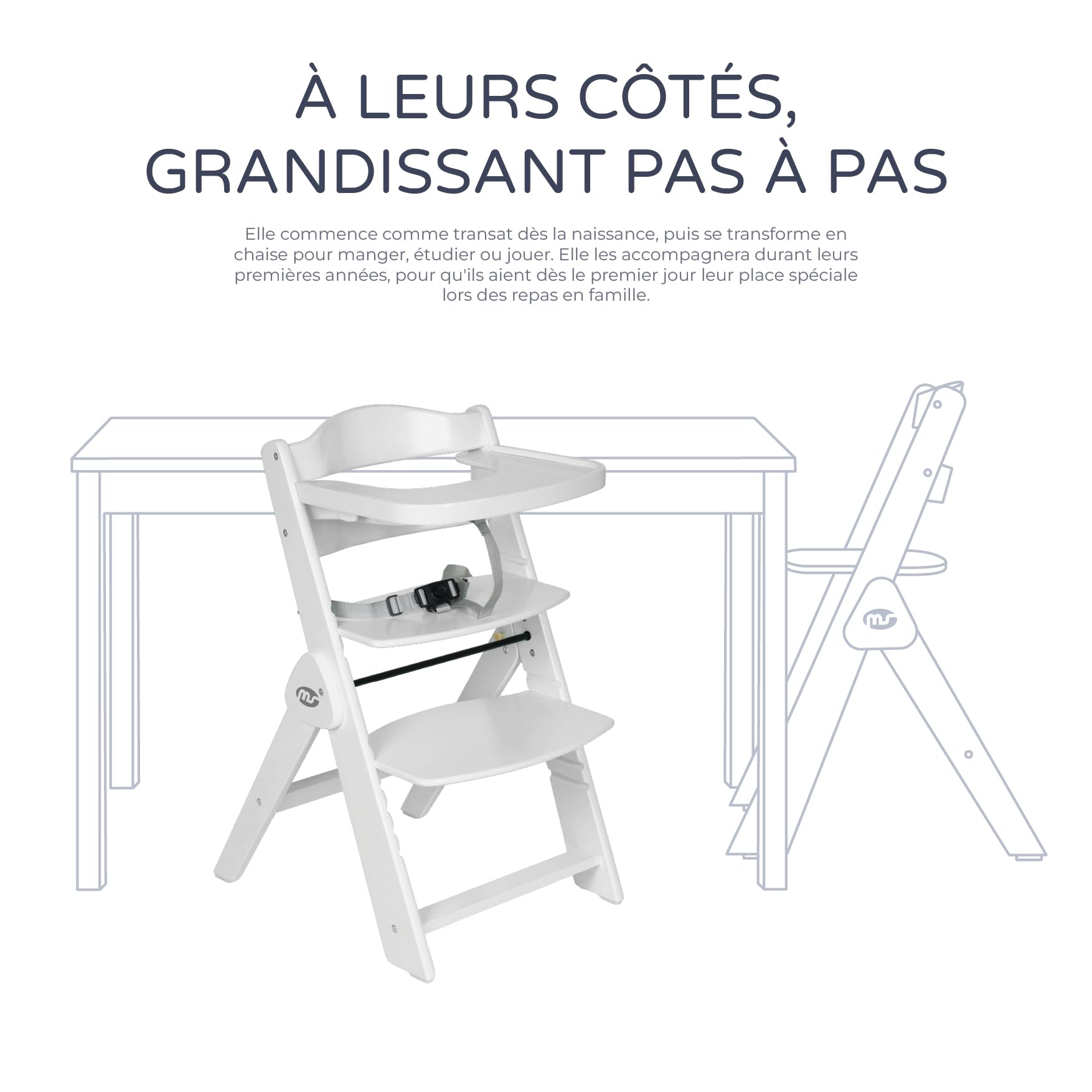 Ms BabyWorld - Chaise Haute Full PLIANTE en bois | Évolutive | Réglable en hauteur | Repose-pieds | Plateau Amovible | Convertible et Sécurisée | Harnais à 5 Points | Style Nordique