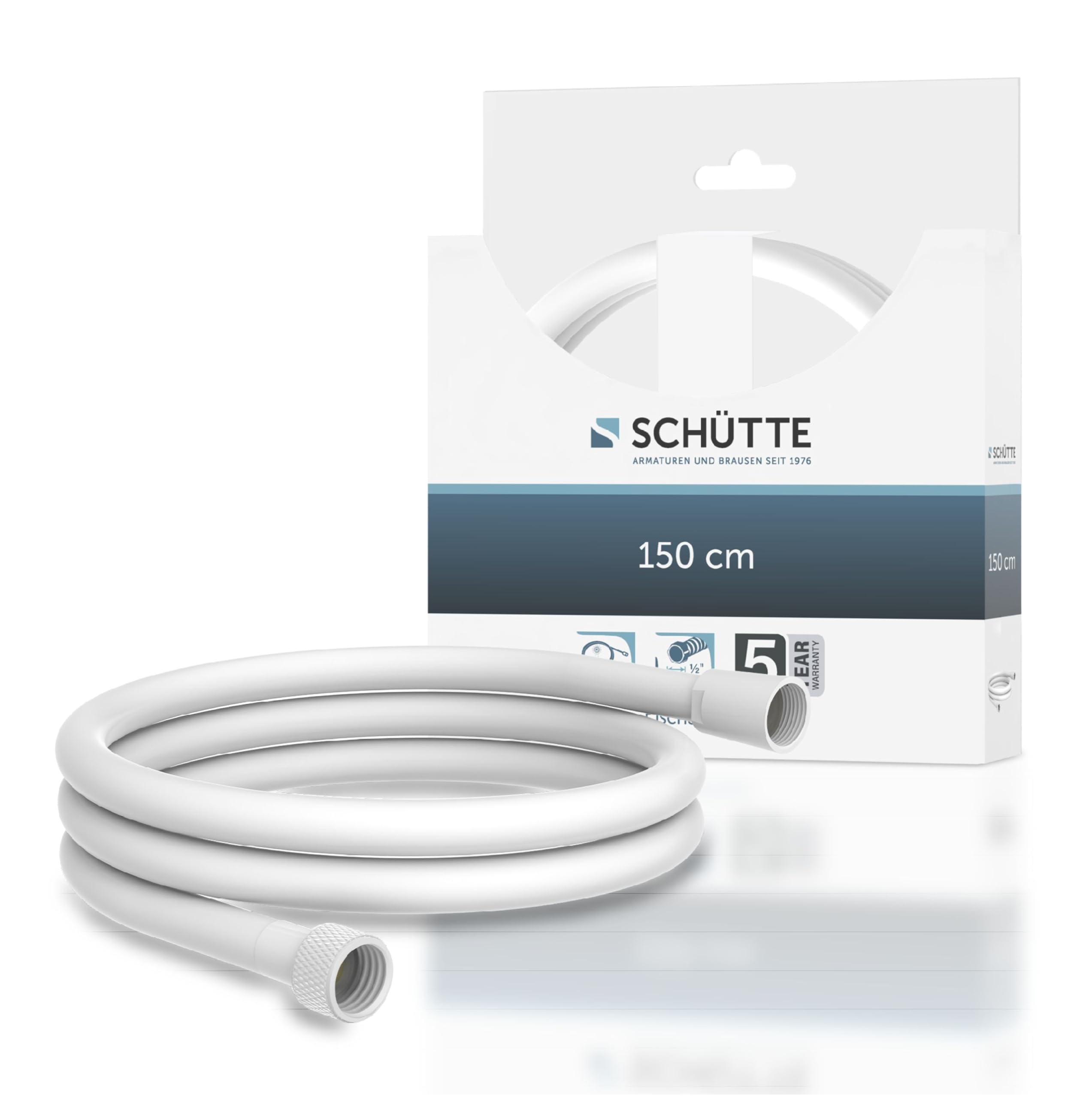 SCHÜTTE Manguera de ducha de 1,5 m, manguera de ducha con protección antitorsión, 150 cm de longitud, de plástico, manguera para cabezal de ducha con conexión universal, color blanco