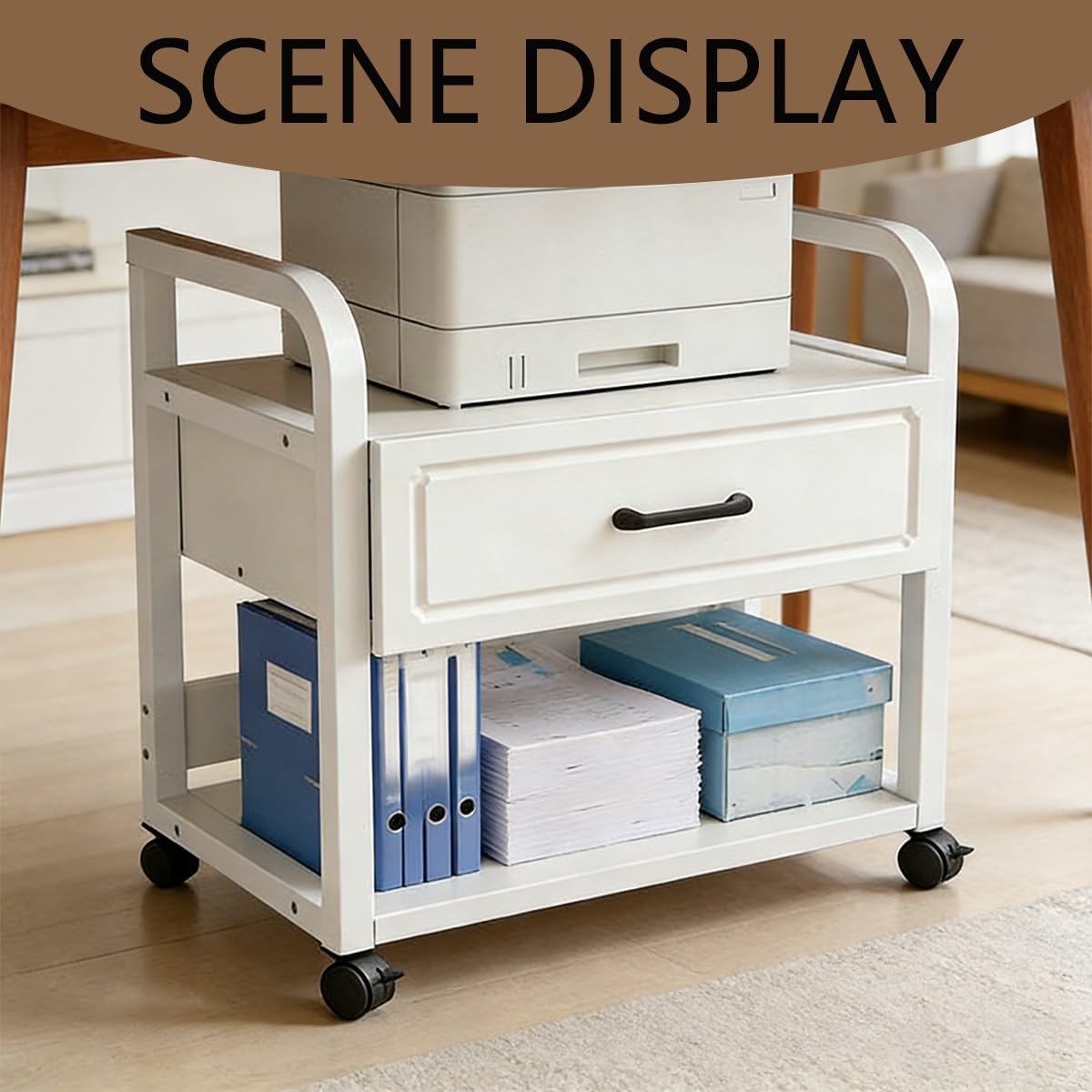 Porta Stampante con cassetto portaoggetti，Supporto per Monitor Accessori scrivania，Supporto Monitor sotto Scrivania ，per Ufficio e casa Ufficio e Scuola(Drawer)