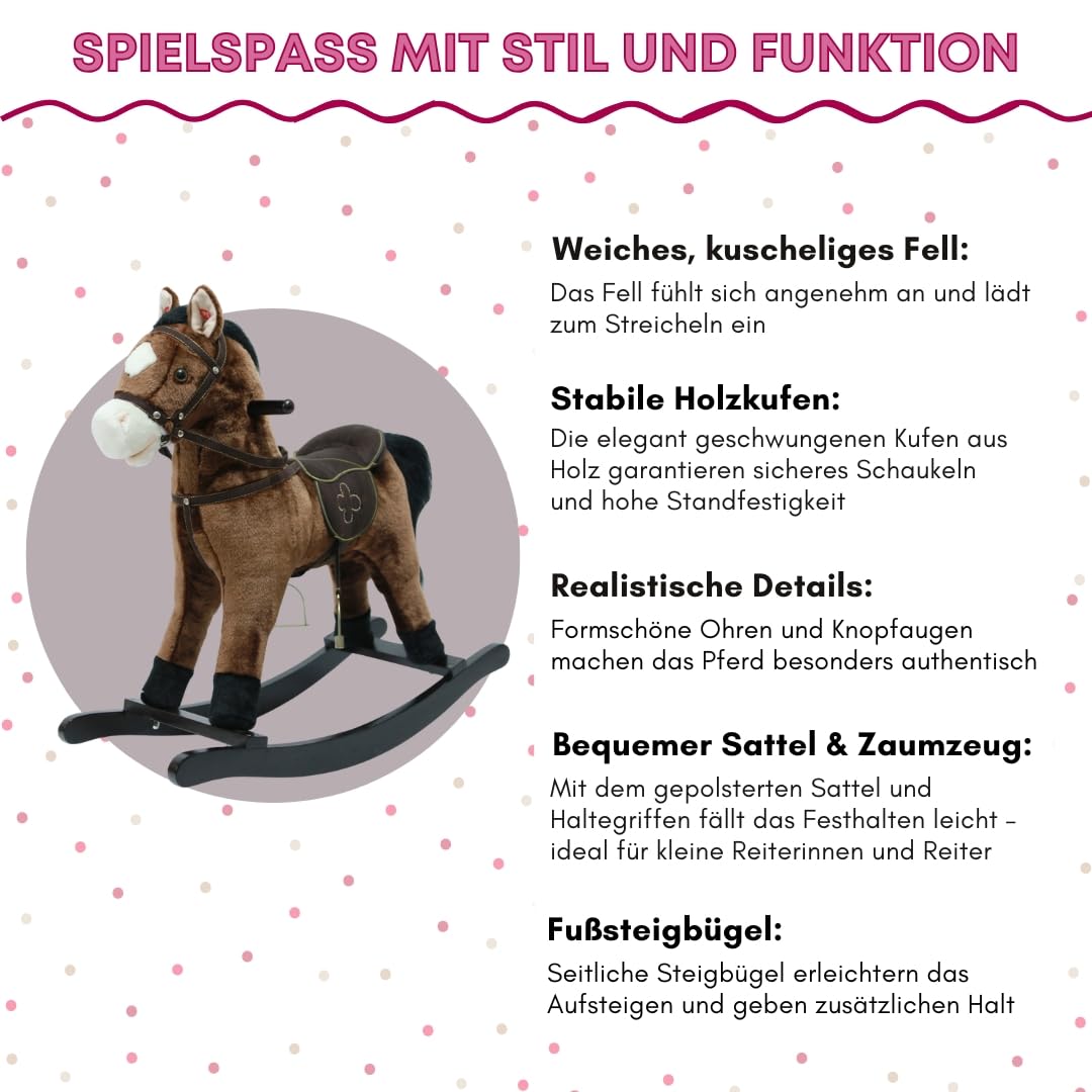 Bayer Chic 2000 Schaukelpferd Joe Dunkelbraun | Premium Schaukeltier Holz | Klassisches Plüsch-Schaukelpferd mit heller Mähne. Robustes Holzgestell, Sattel, Steigbügel & Haltegriffe.