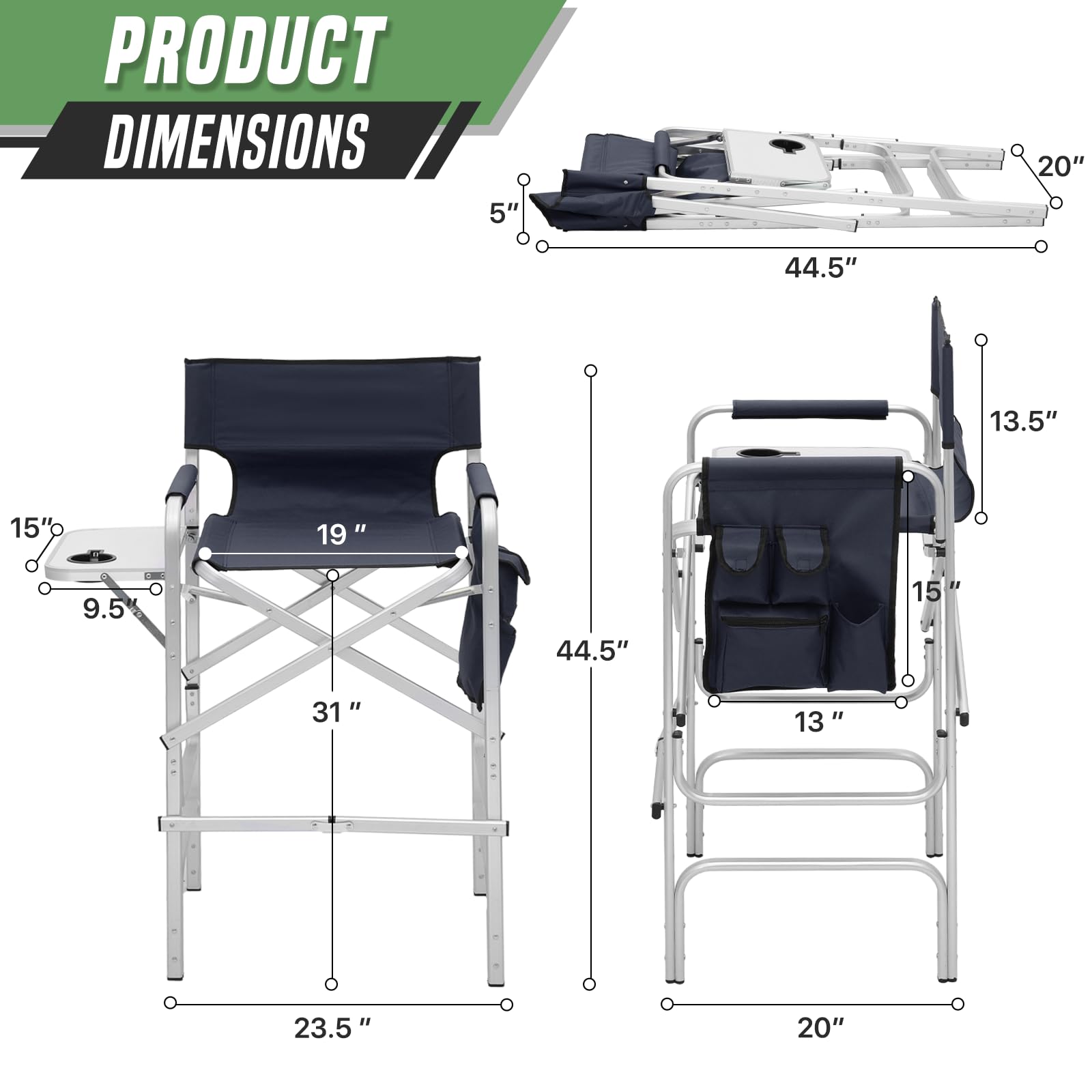 Sedia da regista, alta 78 cm, pieghevole, con telaio in alluminio, sedia da trucco per truccatori, sedia da campeggio portatile con tavolino, portabicchieri e tasche, capacità 113,4 kg (blu)