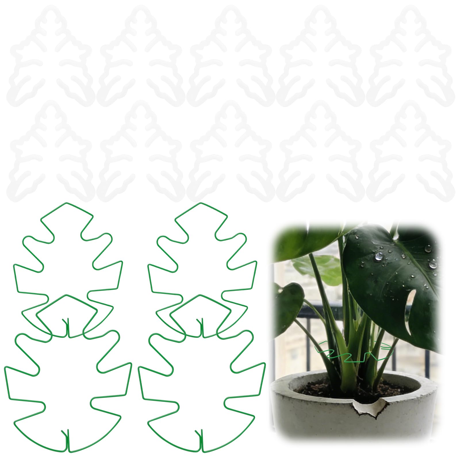 Monstera Leaf Shaped Support 4Pcs Metal +10Pcs Plastic, Iron Monstera Plant Support, Reusable Plant Holders for Gathering Monsteras Cheese Plant Stems