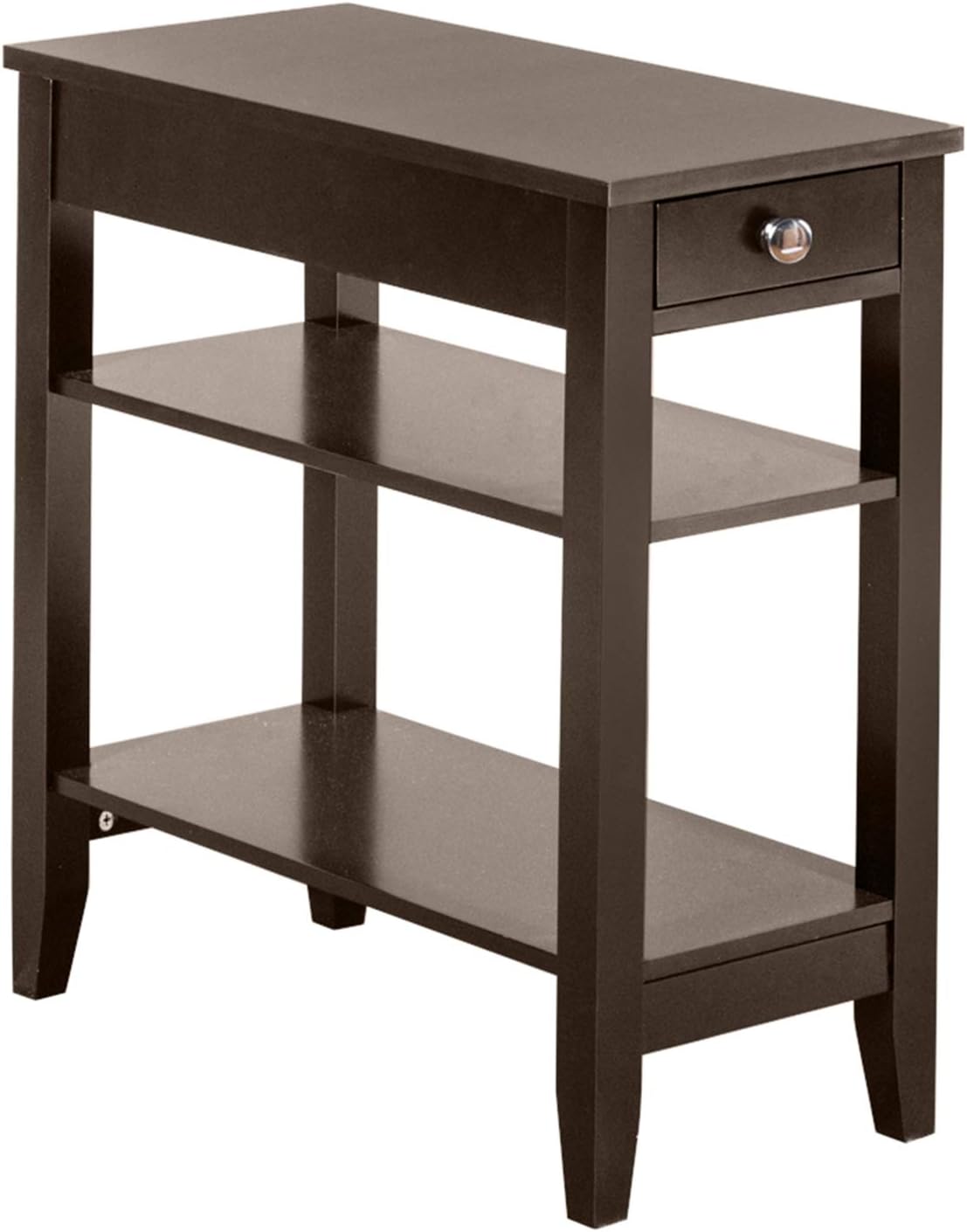 Side Table, Vintage End Table with Drawer and 2 Open Shelves, Narrow Nightstand for Small Spaces, Bedroom, Living Room, Office, Space Saving,Brown