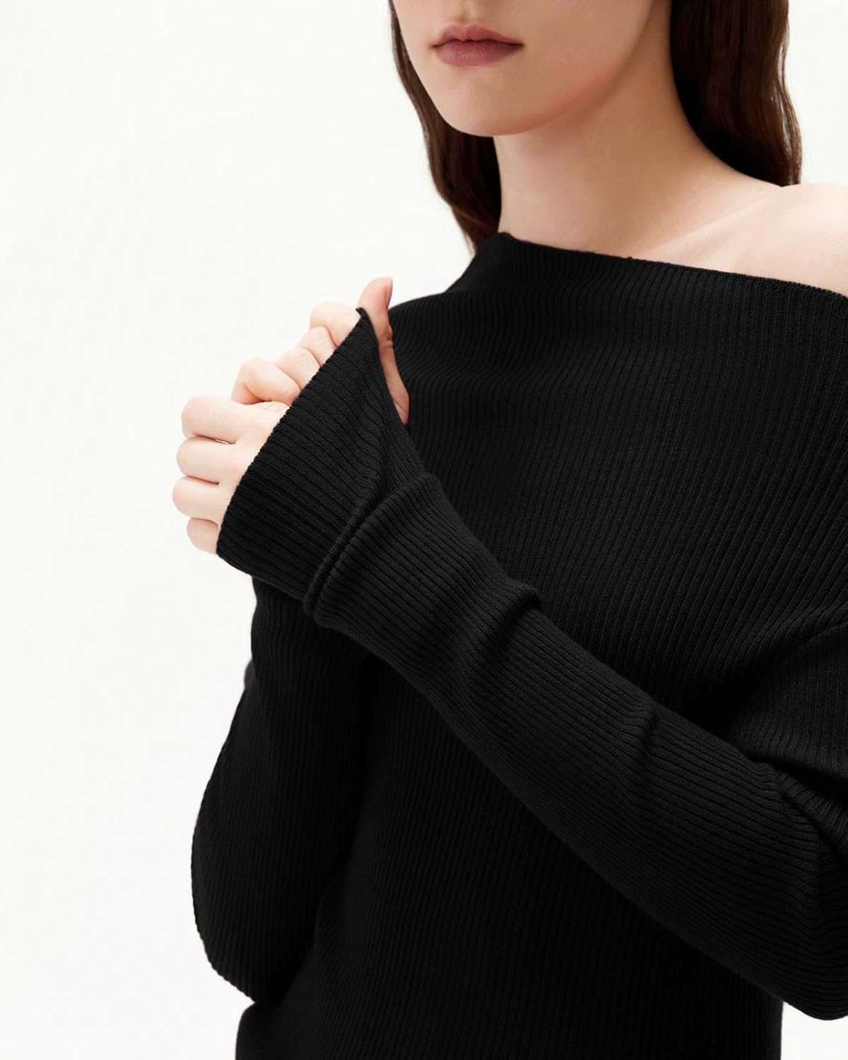 SUUKSESS Women Cashmere Off Shoulder Pullover Sweater Ribbed Knit Long Sleeve Shirts - Image 3