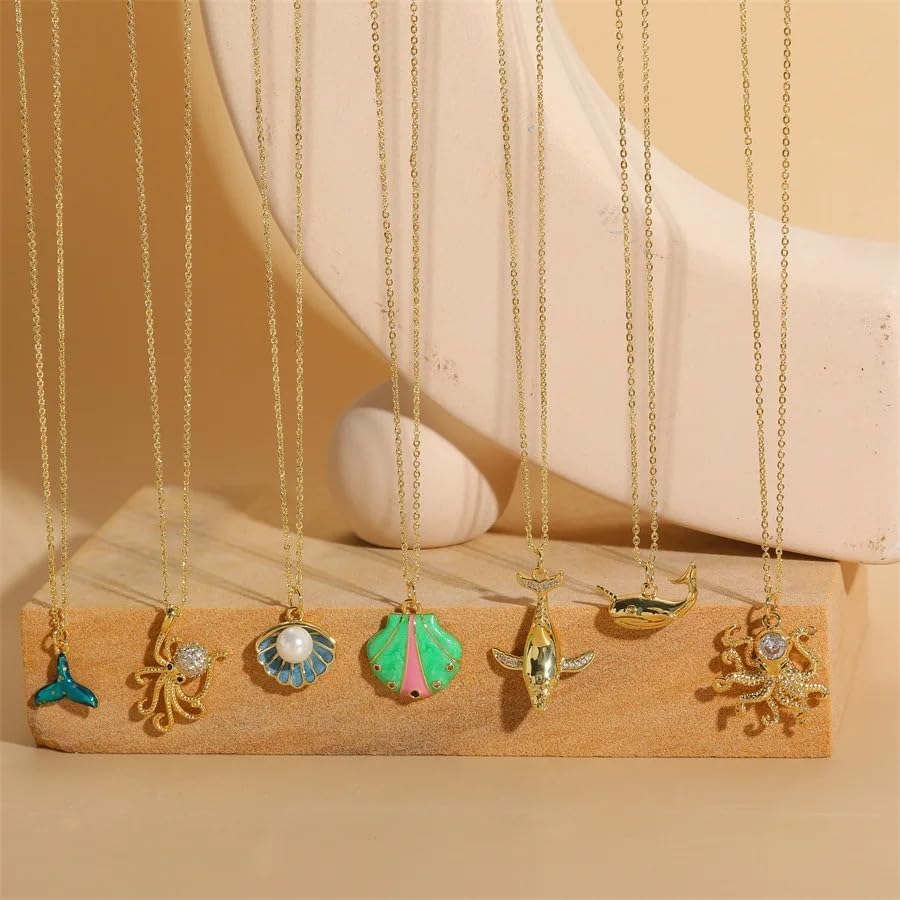LUSSO 14k Yellow Gold Ocean Series Scallop Fish Octopus Necklace For Women, Marine Biology Collarbone Octopus Pendant Necklace - Cute Fun Octopus Jewelry, Sea Animal Necklace Summer - Image 6