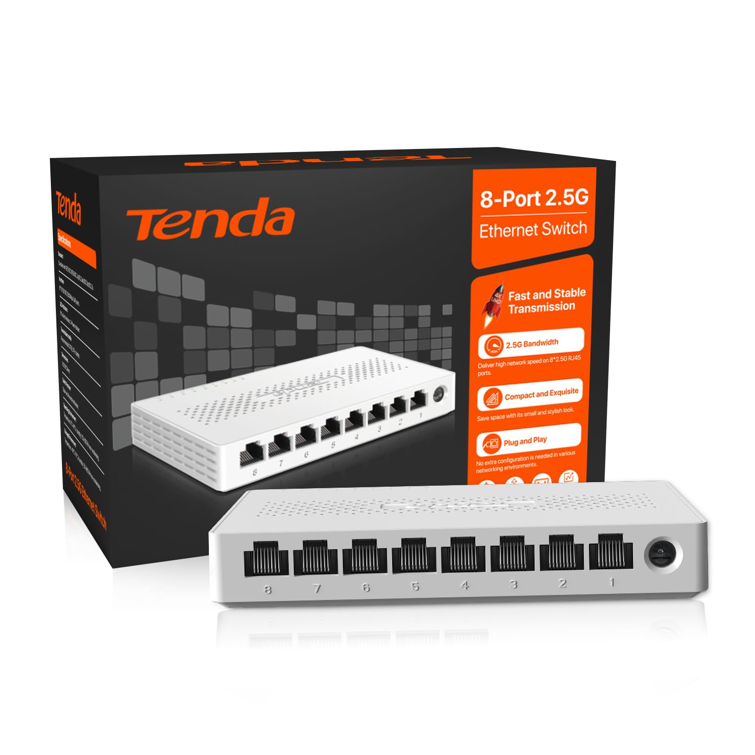 Tenda SE108 2.5 Gbit Switch 8 Port, Unmanaged 2.5GB Netzwerk Switch LAN Splitter (Plug-and-Play Ethernet Switch, Lüfterlos, Desktop-/Wandmontage, Ideal für 2,5G NAS, Server, WiFi 6/7 AP, Gaming-PC)