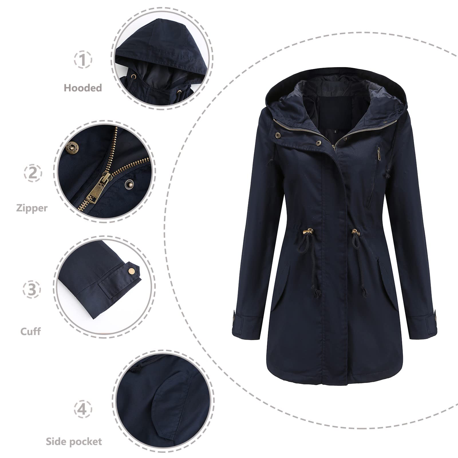 Generisch Veste légère pour femme, trench, coupe-vent, grande taille, pour voyage, randonnée