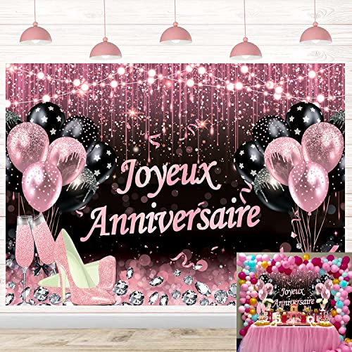 BUTEN Toile de fond pour anniversaire joyeux avec paillettes, points de diamant étincelants, ballons roses, bokeh, décoration de fête, accessoires pour studio photo, bannière de fond pour studio photo