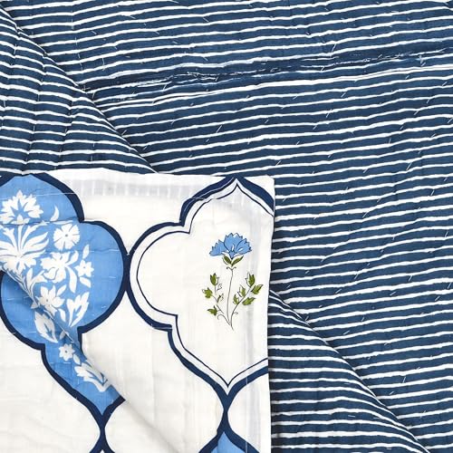 Image of BLOCKS OF INDIA Hand Block Printed Cotton King Size Quilt /Rajai | MUGHAL Blue