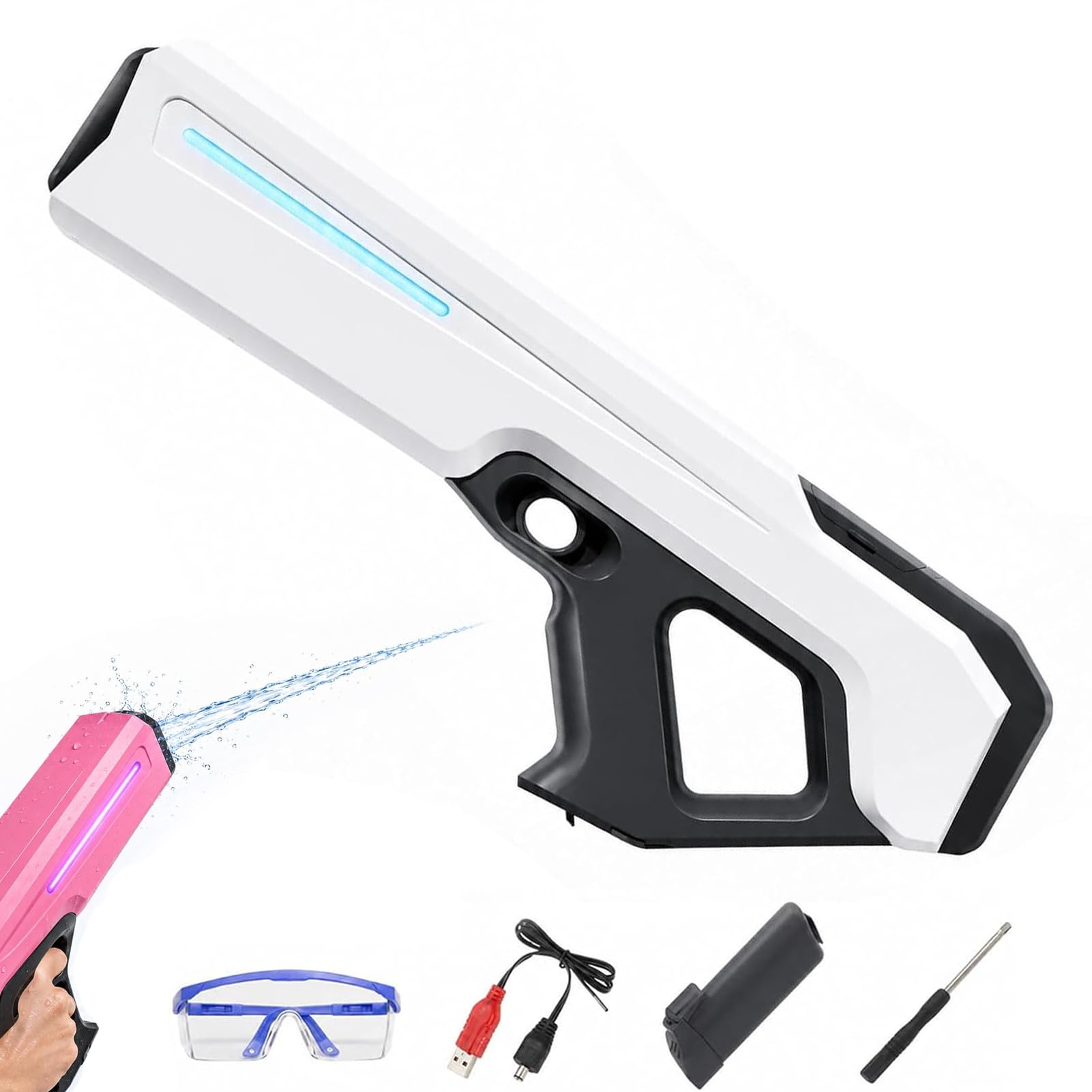 High Tech Water Gun, Electric Water Blaster with Automatic Water Intake, LED Flowing Lights, Muzzle Flash Effect, Rechargeable Automatic High Powered Squirt Gun for Kids Adults Summer Outdoor (White)