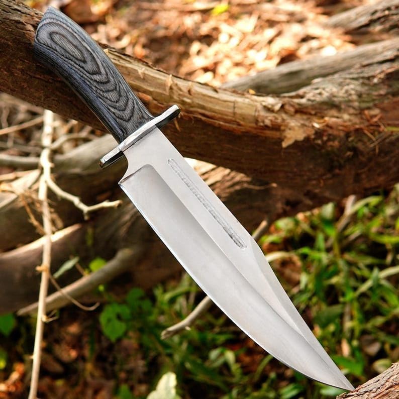 Custom Bowie Hunting Knife with Leather Sheath, Fixed Blade Design, Wood Handle, Personalized Outdoor Adventures