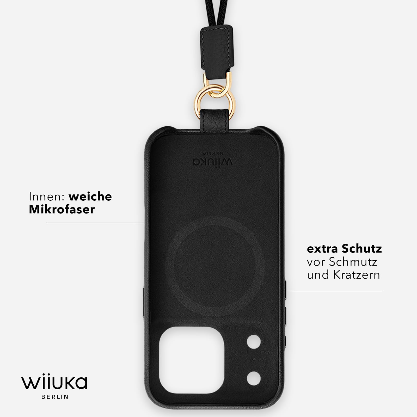 WIIUKA Funda para iPhone 17 Pro, piel de Alemania, funda de piel para teléfono móvil, funda para teléfono móvil, funda para teléfono móvil, funda de cadena, correa de cuello, lazo de esquí, negro