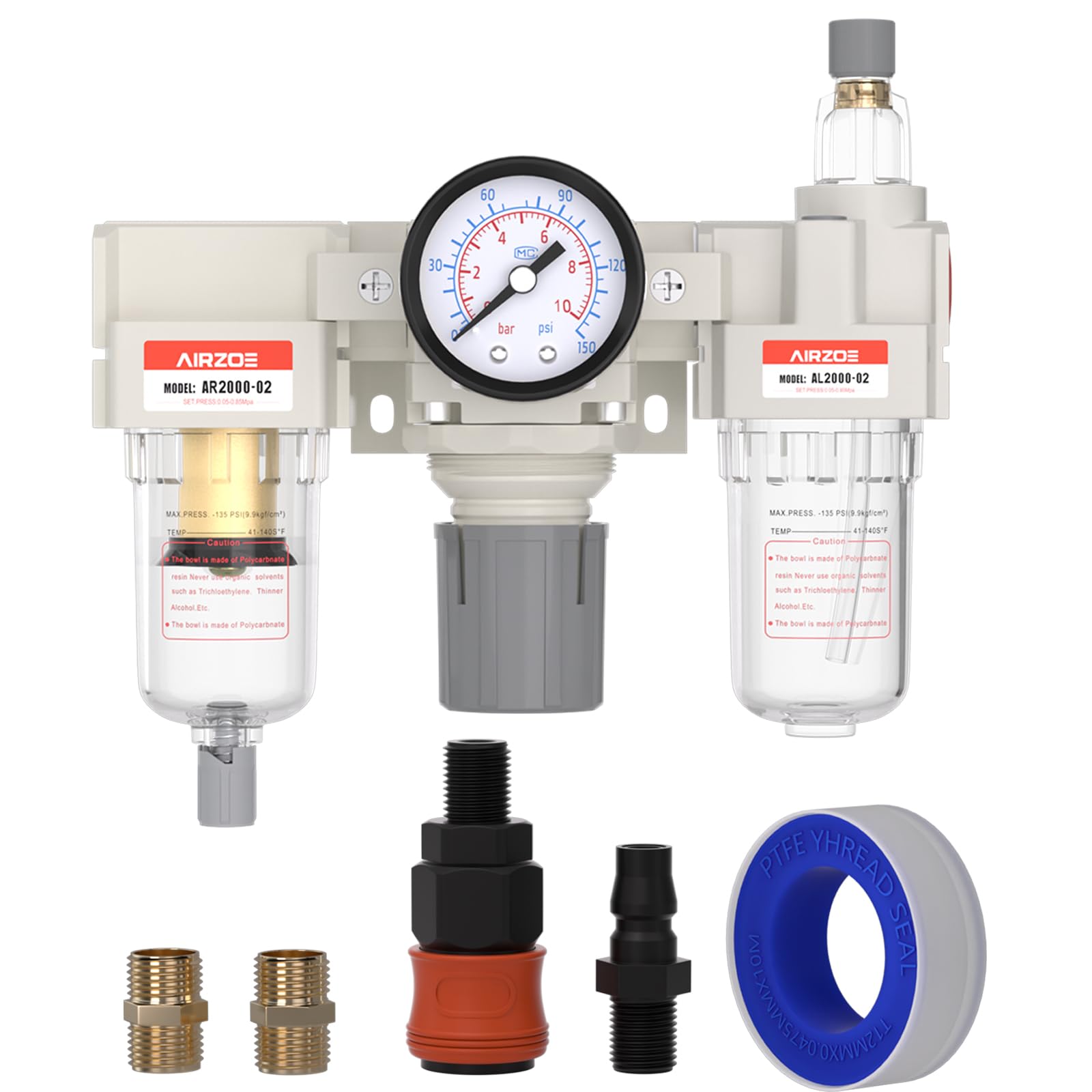 AIRZOE 1/4” NPT Air Compressor Filter, Regulator and Lubricator Combos FRL - Water Oil Trap Separator AC2000-02, 5 Micron Brass Element, Semi-auto