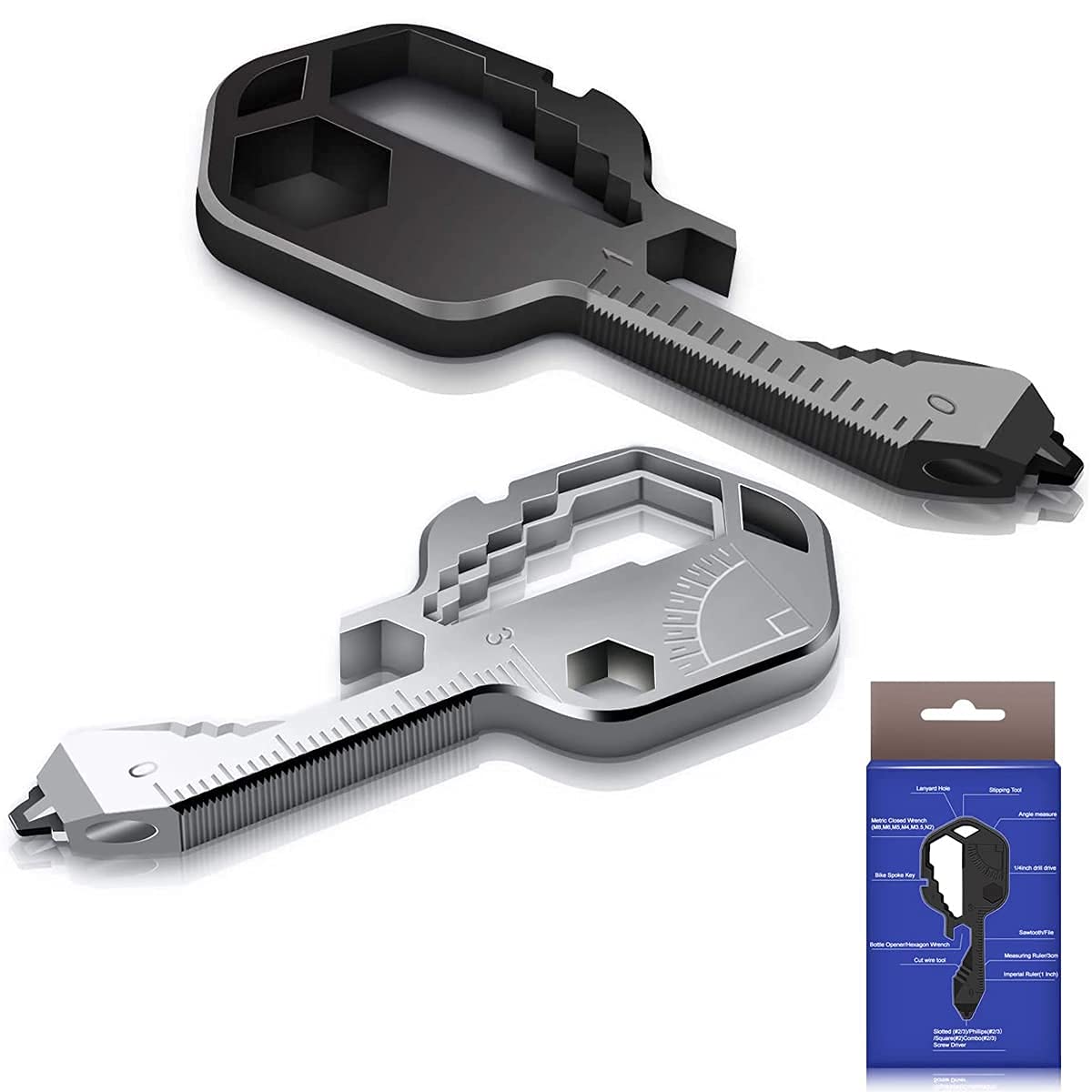 2 Pcs 24 in 1 Multi Tool Key, Stainless Steel Key Shaped Pocket Tool, Outdoor Multitool Bottle Opener, Suitable for Gifts,Men and Boys（Black/Silver）