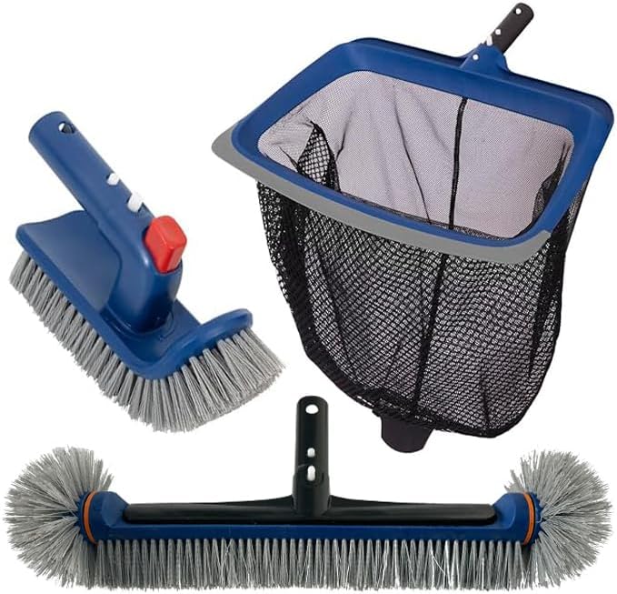 Deluxe Swimming Pool Cleaning Kit Including Pool Skimmer Net with Rubber Edge, 17.5" Pool Brush Head & Rotatable Pool Scrub Brush, Heavy Duty Pool Cleaning Kit Inground & Above Ground Pool (No Pole)