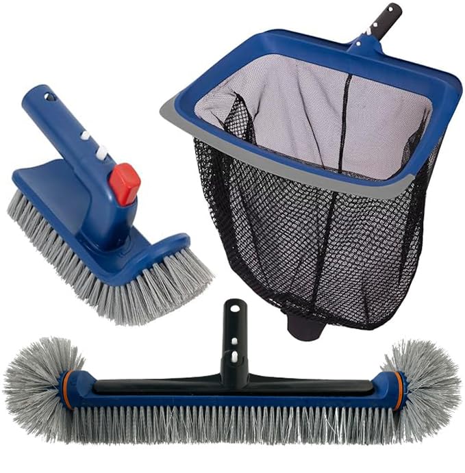 Deluxe Swimming Pool Cleaning Kit Including Pool Skimmer Net with Rubber Edge, 17.5' Pool Brush Head & Rotatable Pool Scrub Brush, Heavy Duty Pool Cleaning Kit Inground & Above Ground Pool (No Pole)