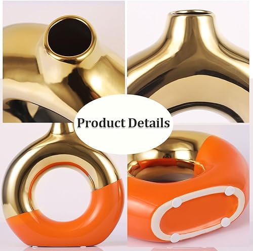 Miniatura 10 de Juego de 2 jarrones de cerámica blanca y dorada, florero para decoración del hogar, florero de donas para estante, jarrón decorativo bohemio