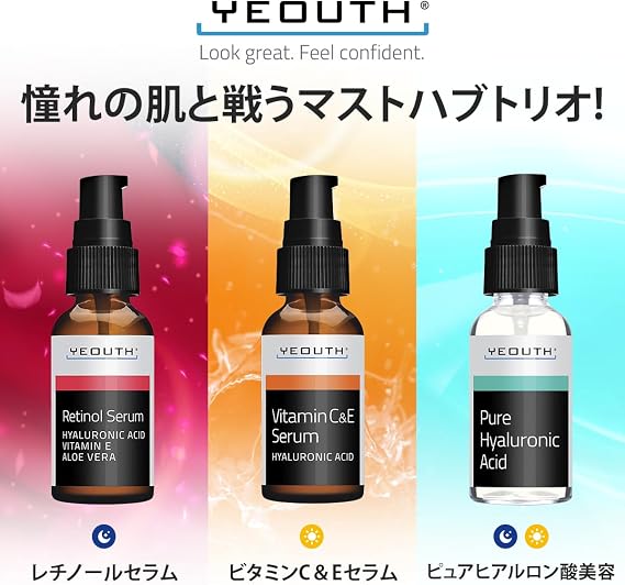 YEOUTH Pure Hyaluronic Acid Serum + Vitamin C Serum + Retinol Serum, Retinol Serum for Face + Vitamin c Serum for Face + Hyaluronic Acid Serum, Popular Rankkin Skin Care Gift Set 3x1 fl Oz