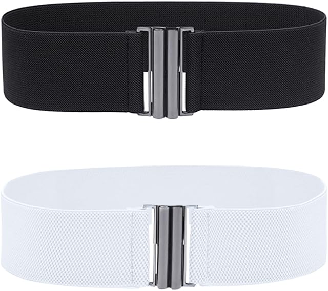 Thboxes 2 Pcs Womens Wide Elastic Belts, Retro Elasticated Wide Nurse Belt Stretch Waist Belts with Hook Buckle for Dress Jumpsuit Shirt (Black, White)