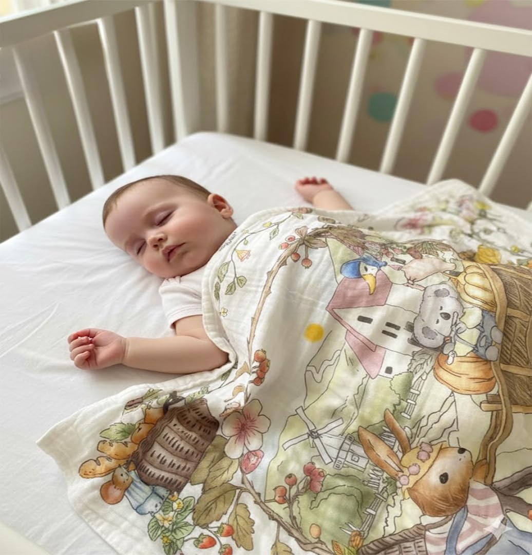 MOM CARE 6 Layer Organic Muslin Cotton Baby Blanket Super Soft Breathable Quilt Newborn Swaddle Wrap Toddler Bedding Bath Towel Large Stroller Cover Whimsical Animal Farm Story Print-image-9