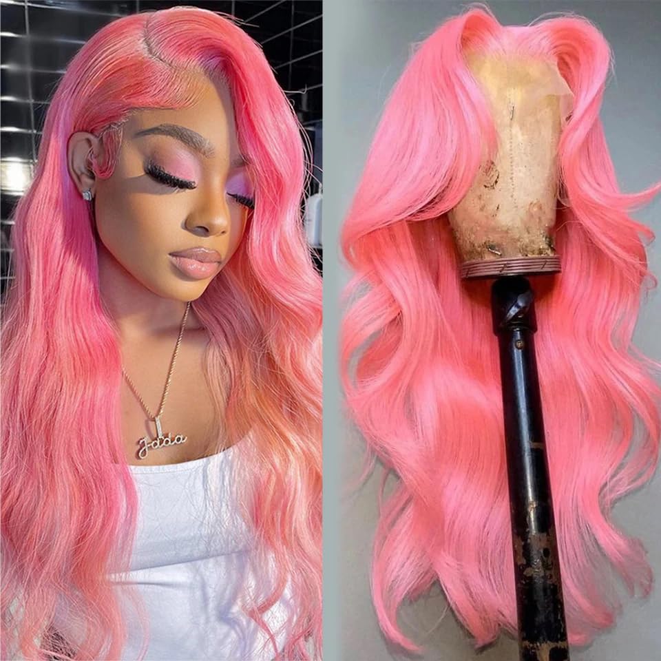Image of Pink Human Hair Wig Body Wave 20 Inch Light Human Hair Wig 200% Density Wig | 13x4 UHD Lace Front Human Hair Wigs Pre Plucked Pre Cut Pink Wigs 100% Virgin Human Hair Glueless Body Wave Wigs For Women