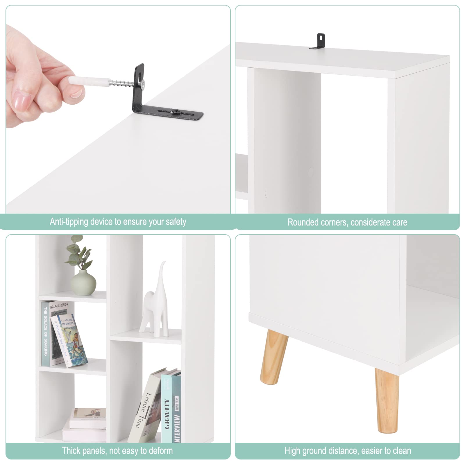 WOLTU Estanteria para Libros de 5 Compartimentos Abiertos, Libreria para Oficina de Casa con Patas de Madera, Mueble Blanco de Almacenamiento para Libros, 60x30x95cm, SK011ws