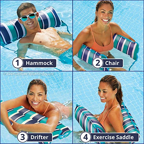 Image of Aqua Original 4-in-1 Monterey Hammock XL Pool Float & Water Hammock - Multi-Purpose, Inflatable Pool Floats for Adults - Patented Thick, Non-Stick PVC Material - Teal /Navy Stripe