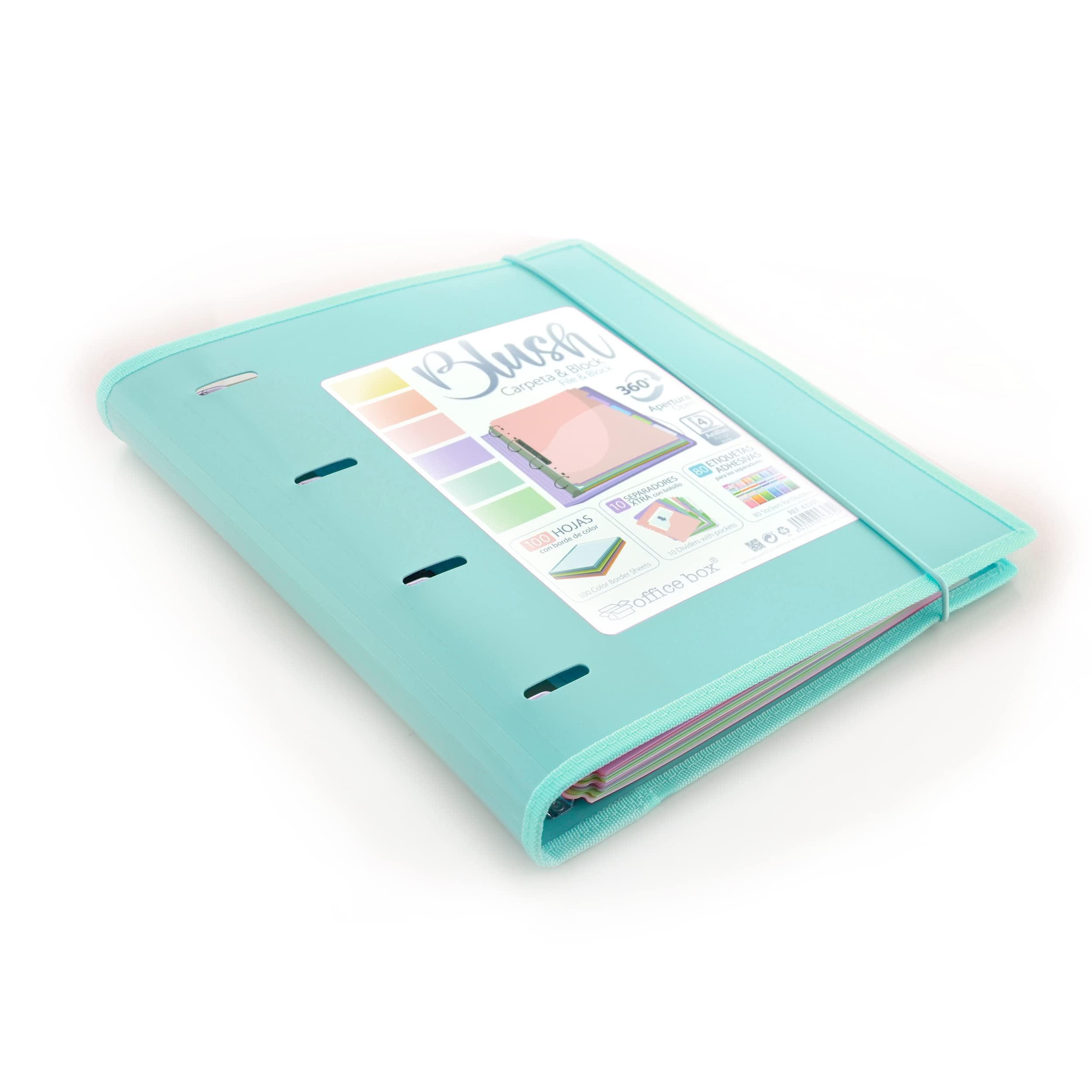 Carpeta & Block A4 Blush Pastel - Carpeta de 4 Anillas con bordes reforzados y Cierre de Gomas - Incluye 100 hojas con10 Separadores Dobles mas 80 Indicadores adhesivos by Office Box (Azul Blush)