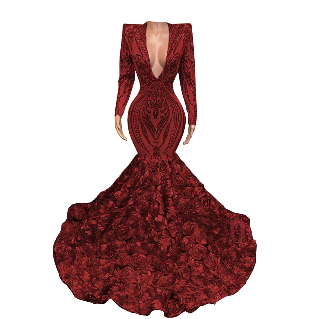 Long Sleeve V Neck Mermaid Sequined Organza Prom Evening Shower Party Dress Pageant Celebrity Gown