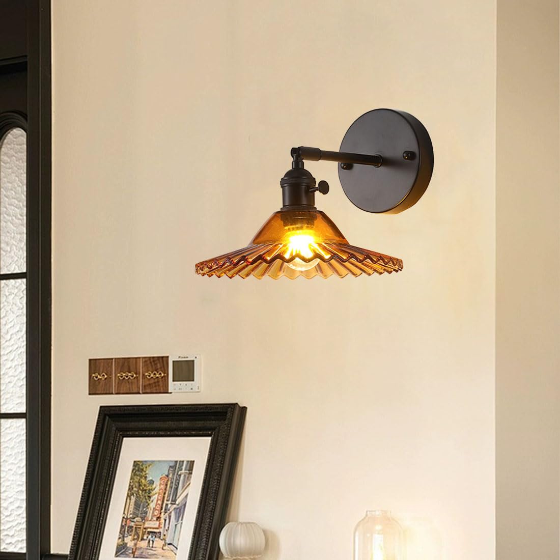 Applique da Parete Vintage, Lampada da Comodino Moderna con Paralume in Vetro, Stile retrò, Ideale per Camera da Letto, Soggiorno, Veranda, Ingresso e Sala da Pranzo (Ambra)